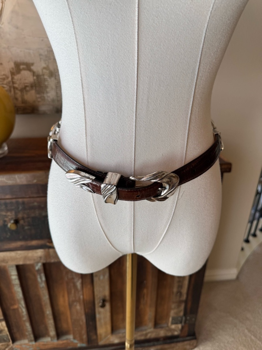 Women's Vintage Brown Italian Leather Belt with Silver Accents - S